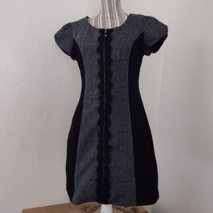 My Collection Vintage Black Tweed Full Zip Mini Dress w/ Faux Leather & Lace S